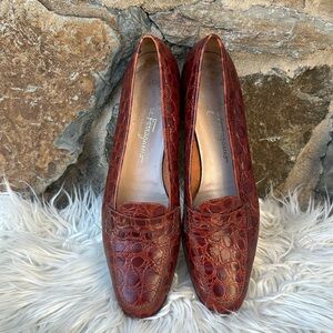 Salvatore Ferragamo Croc Embossed Leather Loafers Brown 8.5